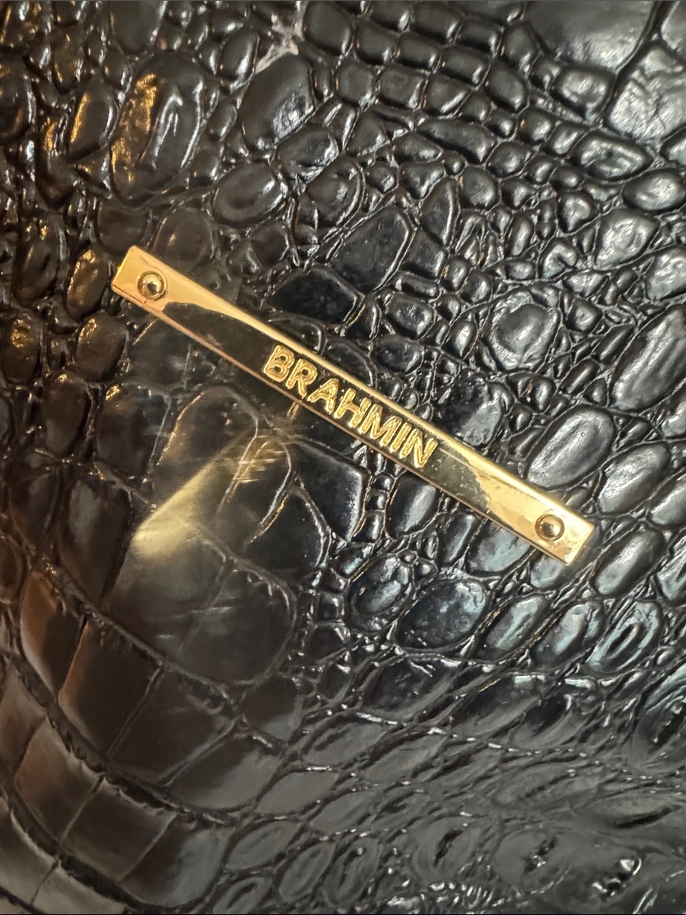 Brahmin Black Croc-Embossed Shoulder Bag with Gold Hardware